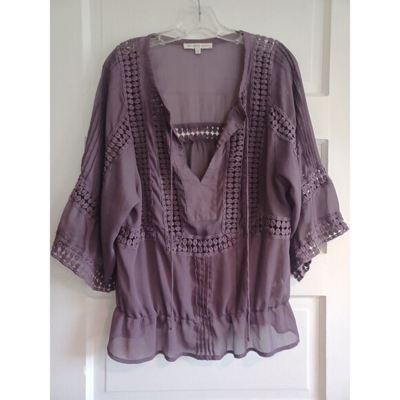 Daniel Rainn amethyst boho blouse L crochet semi-sheer peasant pullover top - Picture 1 of 9